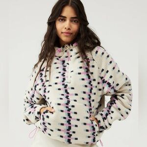 Outdoor Voices Cream Patterned Sherpa Hoodie with Pink & Black Accents